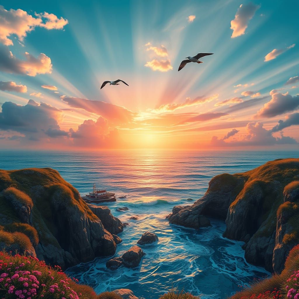 Coastal Summer Landscape at Dawn: Photorealistic Masterpiece