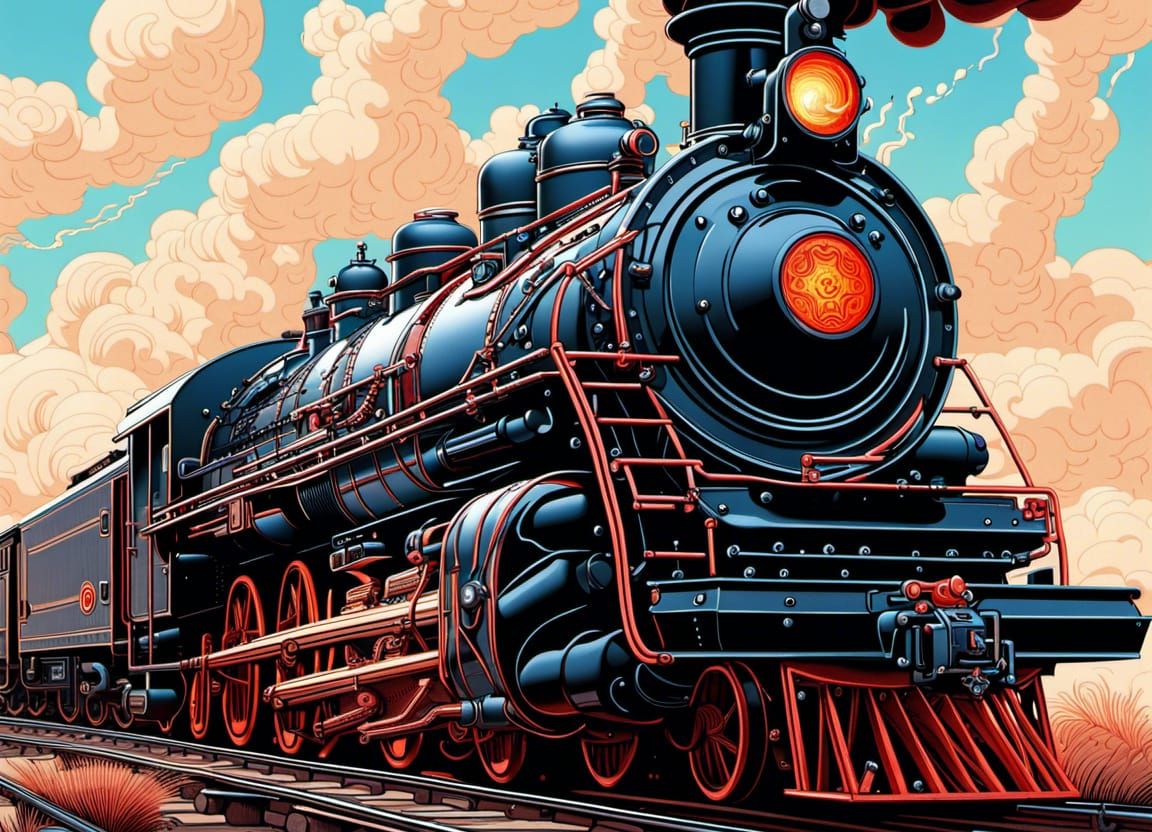 Art Deco Steam Locomotive in Hyperrealism Style