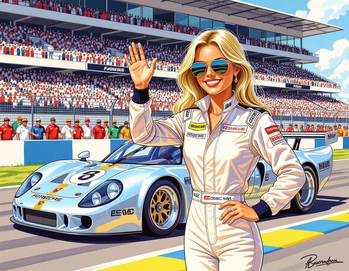 Blonde Porsche Race Driver at Le Mans, Hand-Drawn Illustrati...