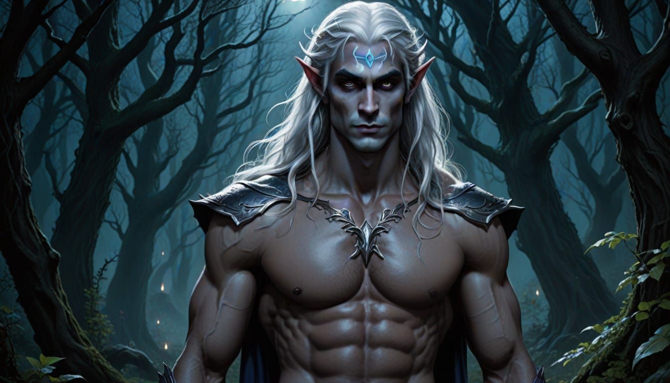 Mysterious Drow Elf in Moonlit Forest