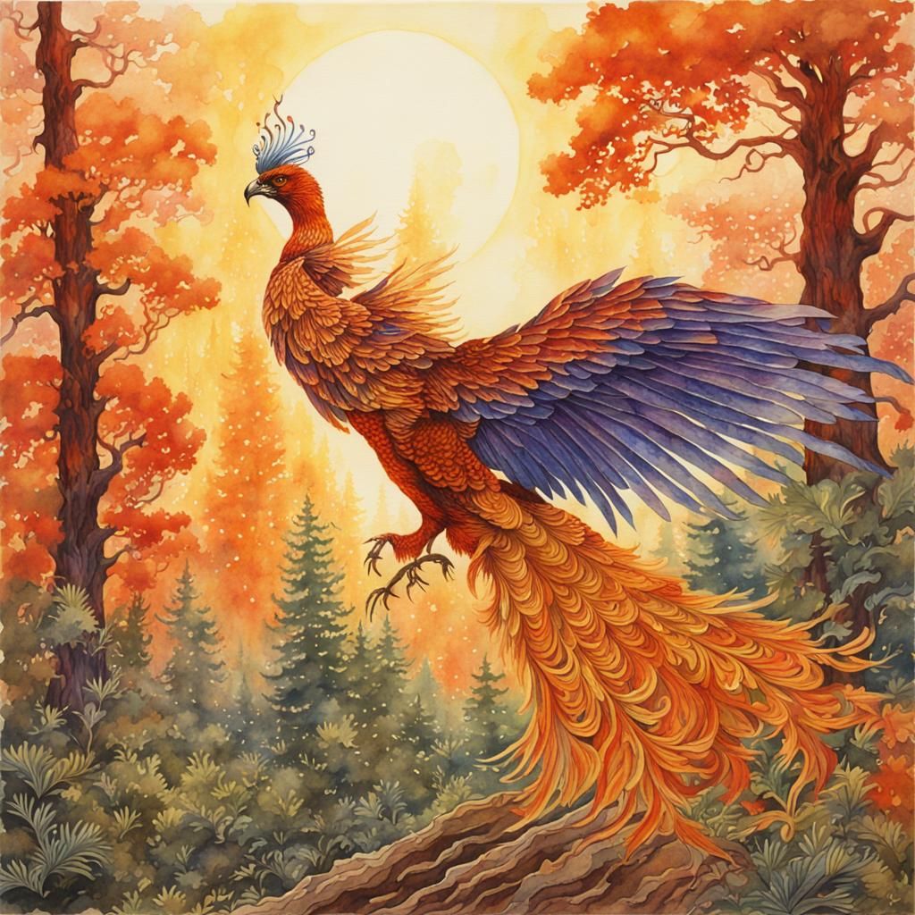 Ethereal Phoenix in Autumnal Forest, Fantasy Art
