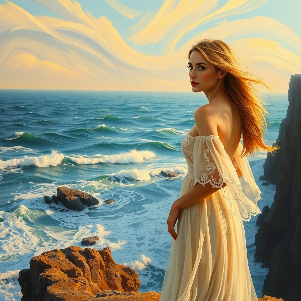 Woman Gazing at Sea: Vibrant Oil Painting