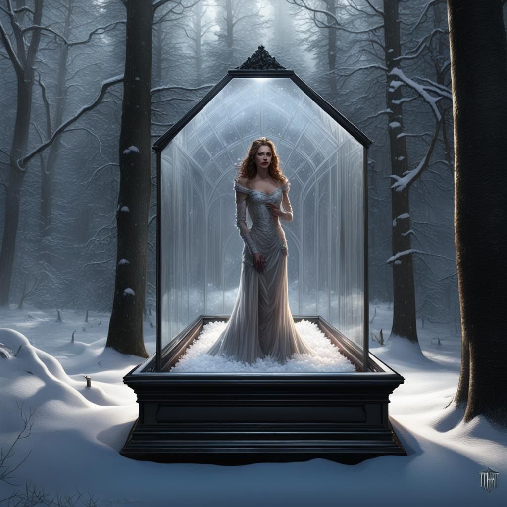 Glass Coffin in Snowy Woods: Dark Fantasy Art