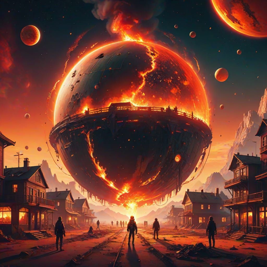 Burning Planet in Universe with Tiny Town: Digital Art