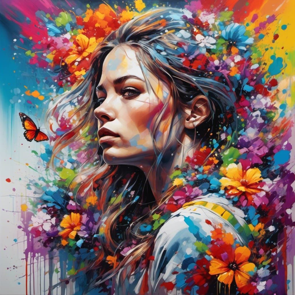 Woman Surrounded by Rainbow Flowers in Graffiti Art