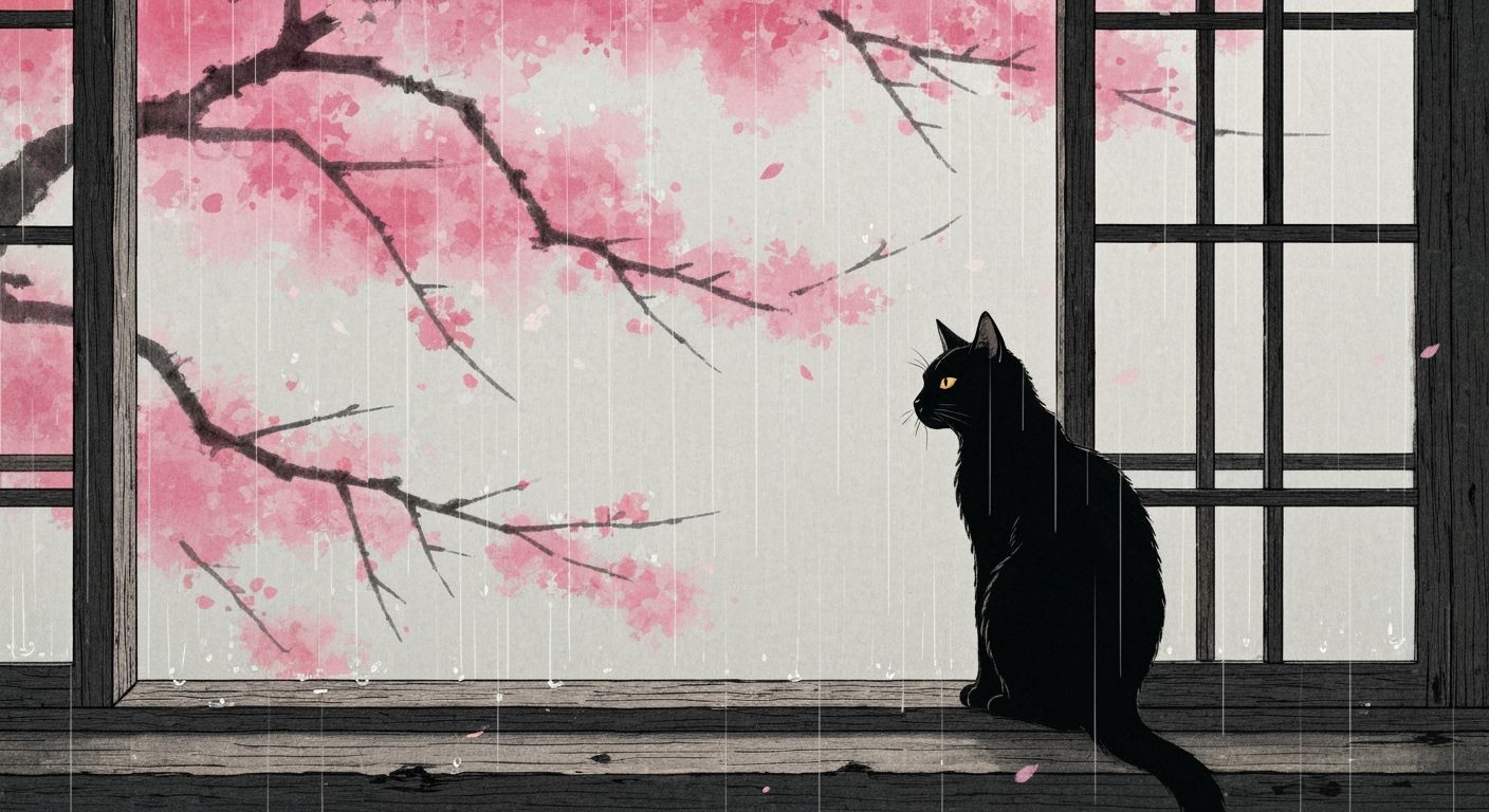 Black Cat on Rainy Windowsill in Sumi-e Style