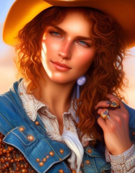 Cowgirl Portrait with Curly Hair in Chiaroscuro Style