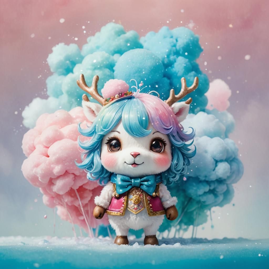 Chibi Reindeer with Pink Hat in Anime Watercolor