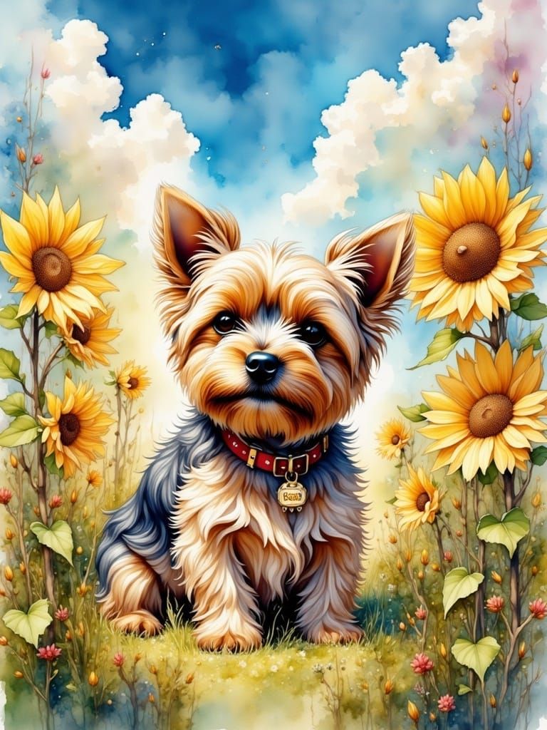 Vibrant Watercolor Portrait of a Yorkshire Terrier in Sunflo...