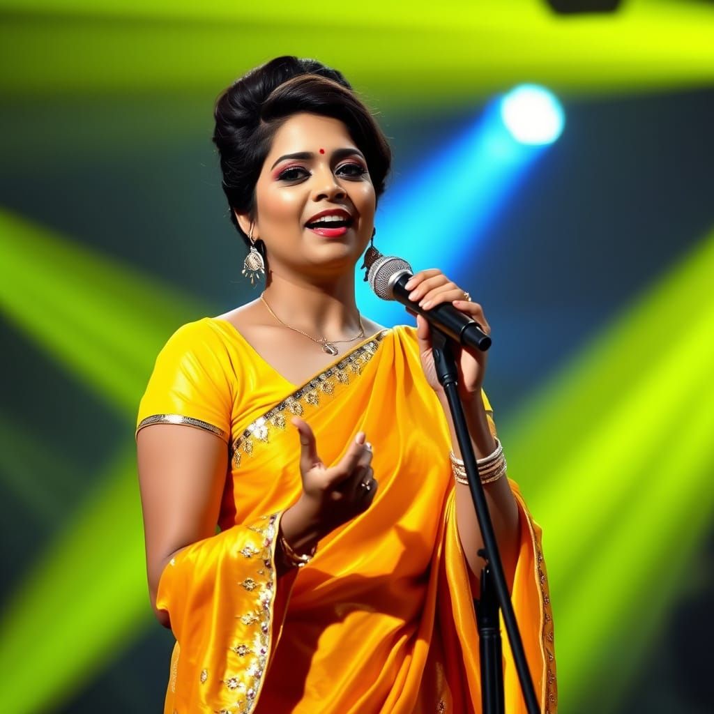 Indian Woman Sings on Stage in Yellow Shiny Outfit