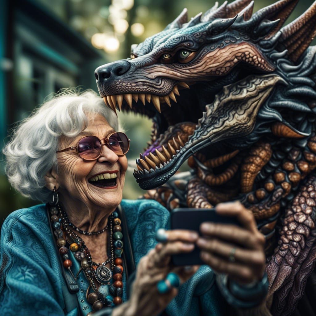 Funky Grandma's Selfie with Xenomorph Wolf Hybrid