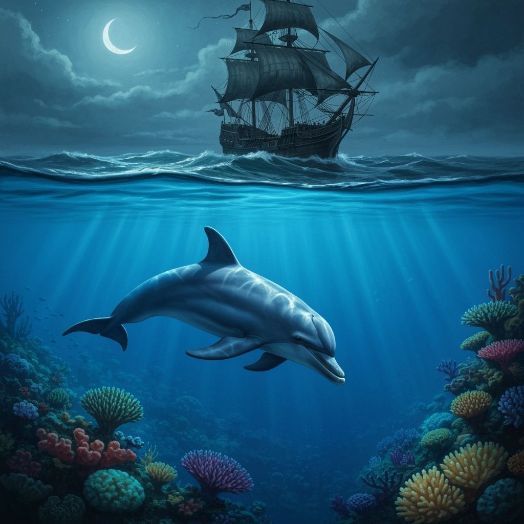 Dolphin and Pirate Ship in Moody Oil Painting Style