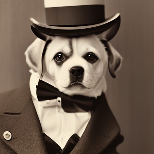 Vintage Puppy Portrait in Top Hat and Bowtie