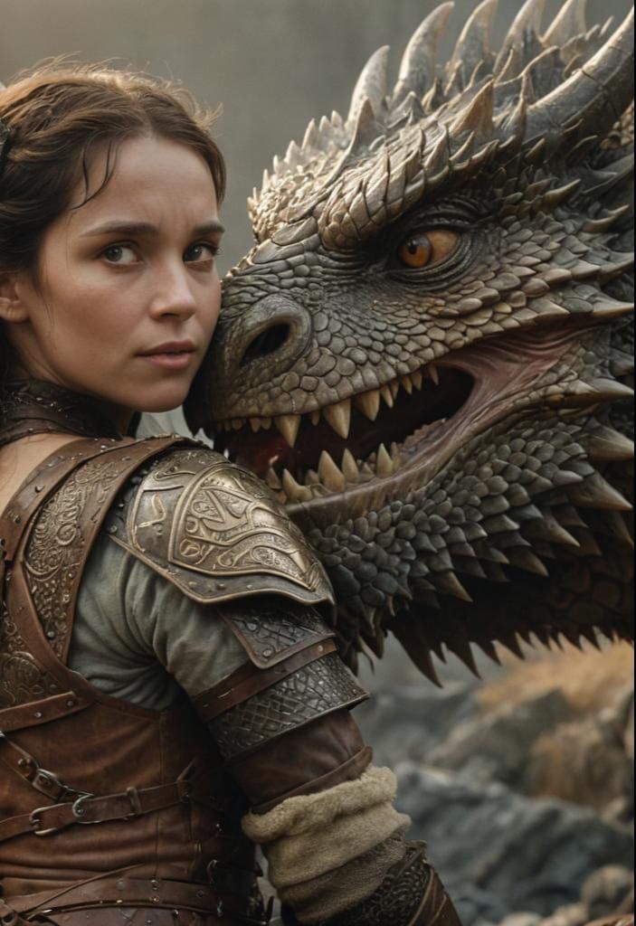 Viking Woman and Dragon Embrace, Cinematic Still