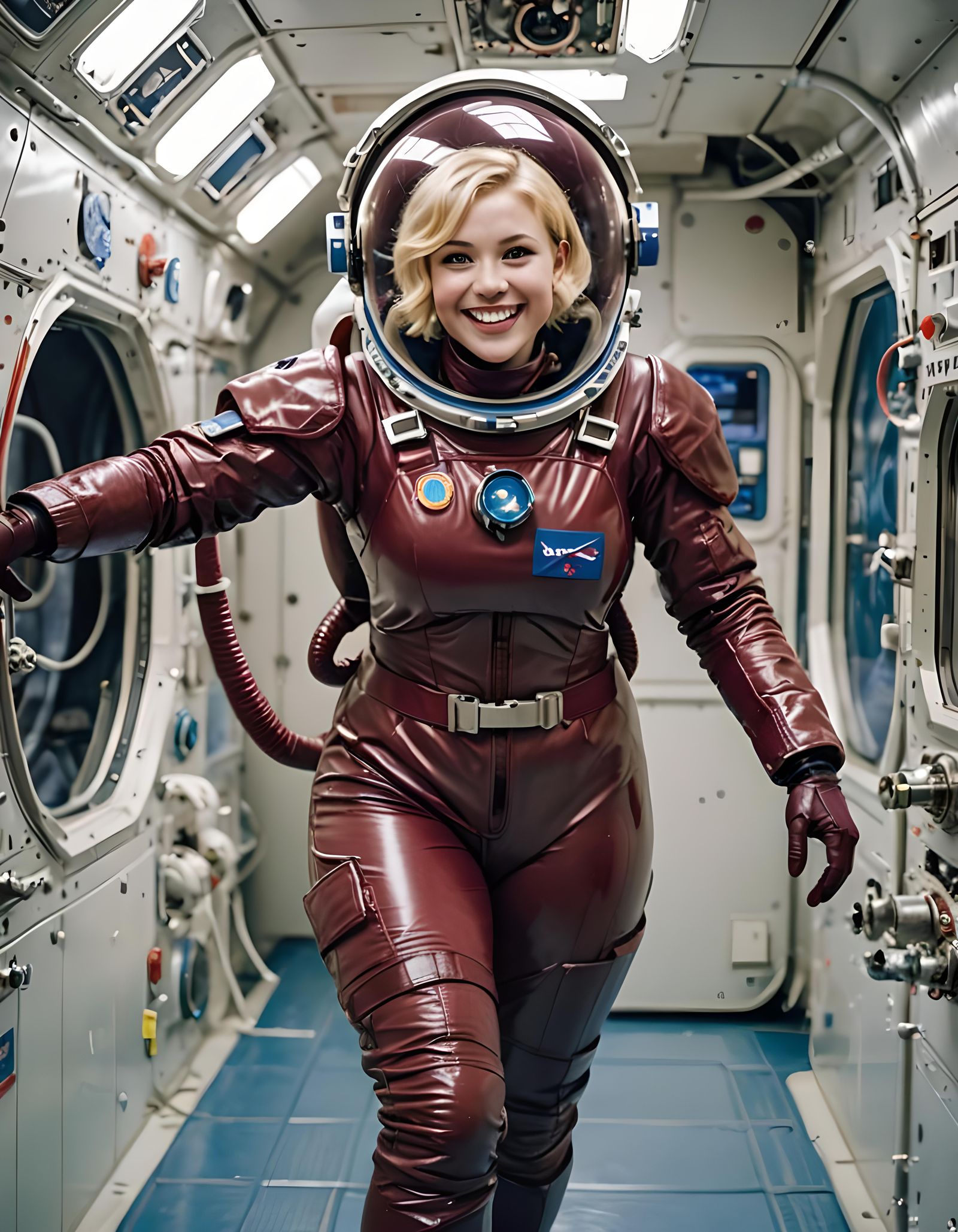 Voluptuous Astronaut in Spacesuit Runs Through Station