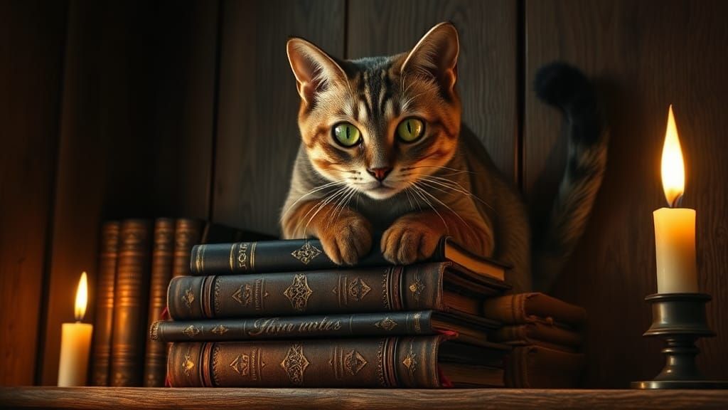 Green-Eyed Cat on Bookshelf in Moody Lighting
