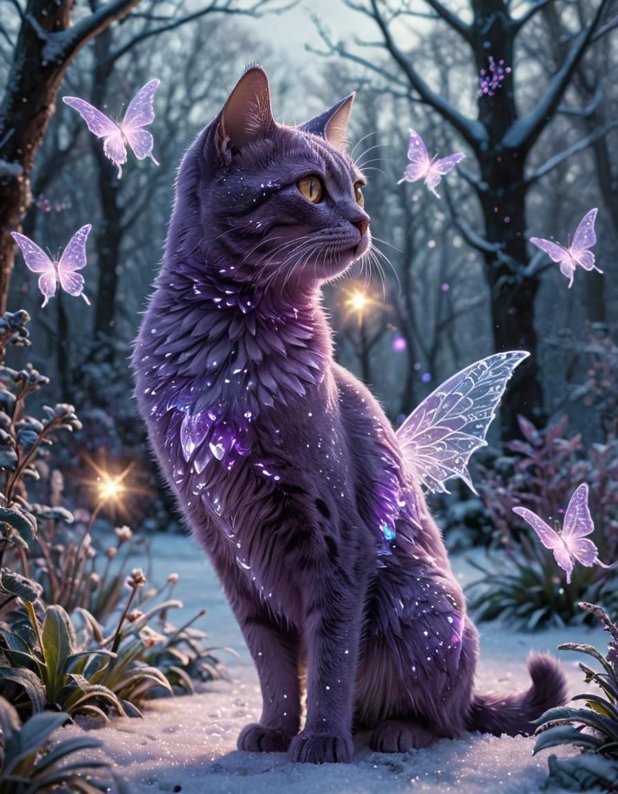Glowing Purple Ice Cat in Winter Garden
