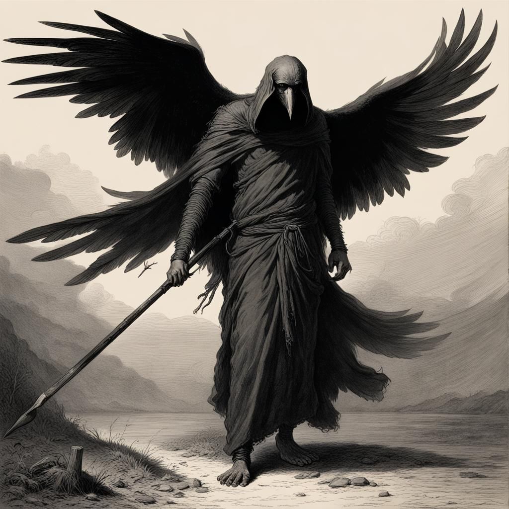 Raven Spirit with Spear in Dark Horror Style