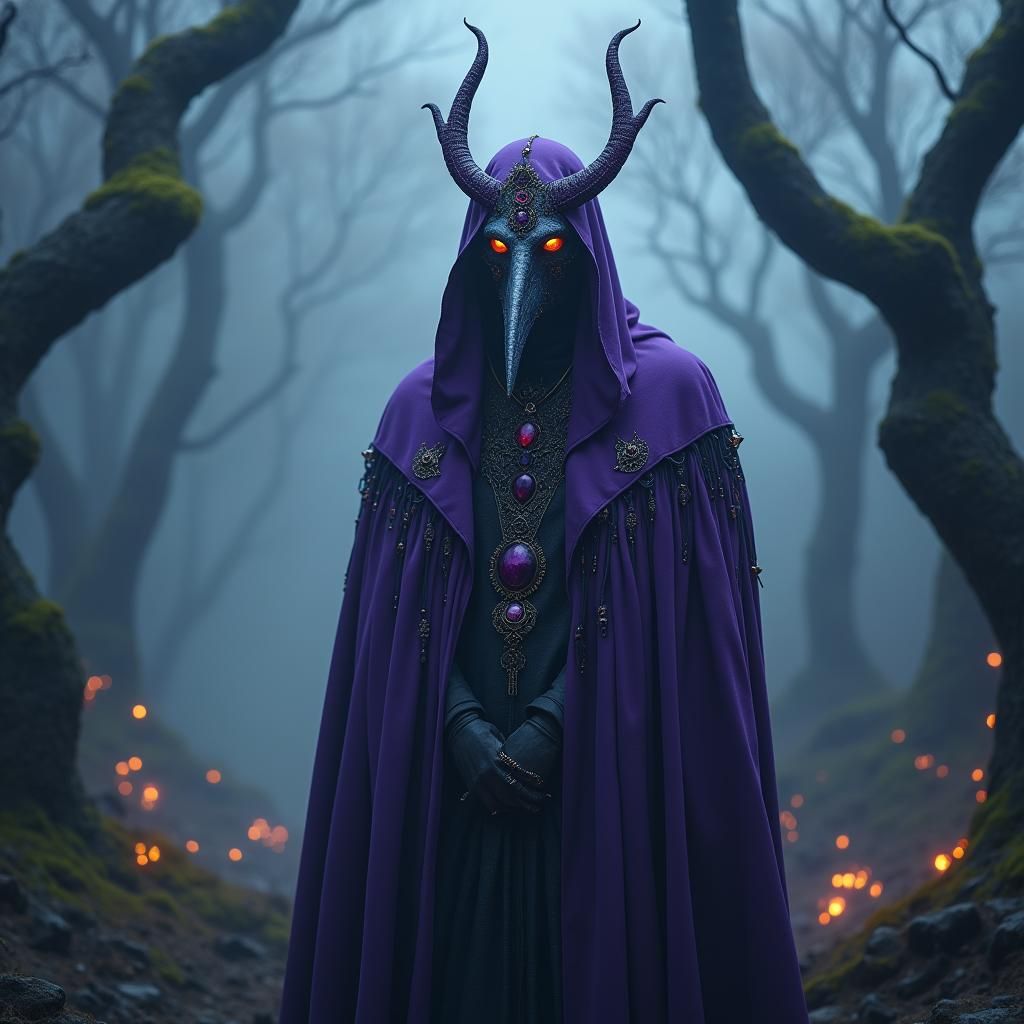 Violet Plague Doctor in Fantasy Horror Landscape