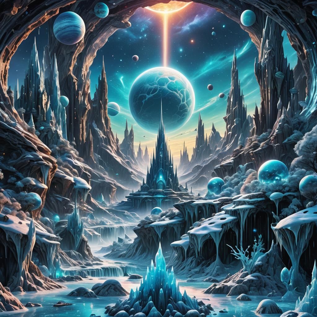 Alien Ice Palace Kingdom: Cosmic Holographic Illustration