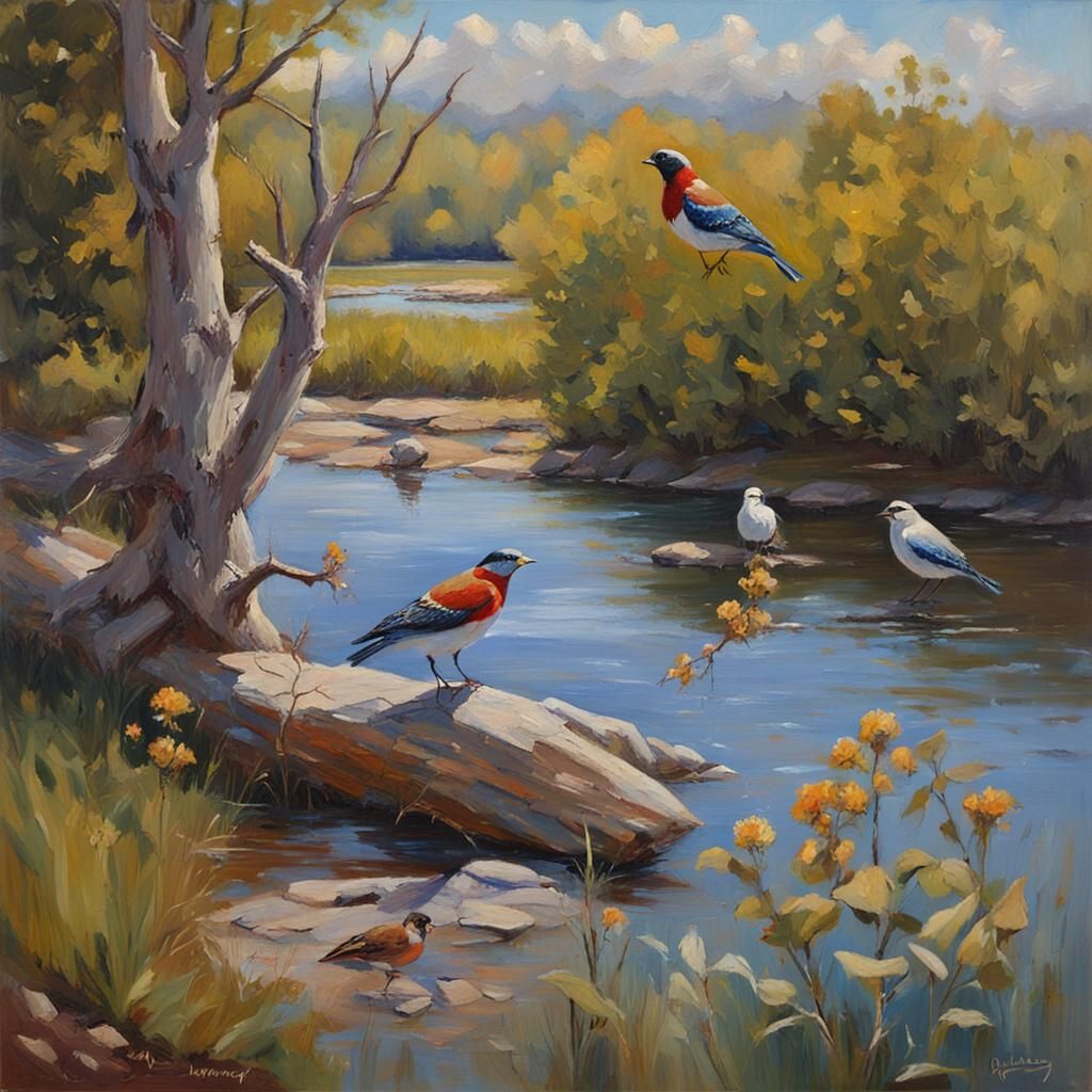 Birds and River Landscape in Oil Paint