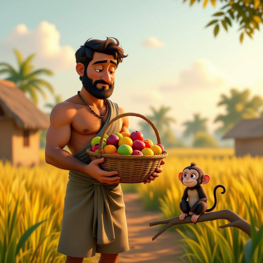 Muscular Farmer With Fruit Basket And Monkey in Indian Villa...