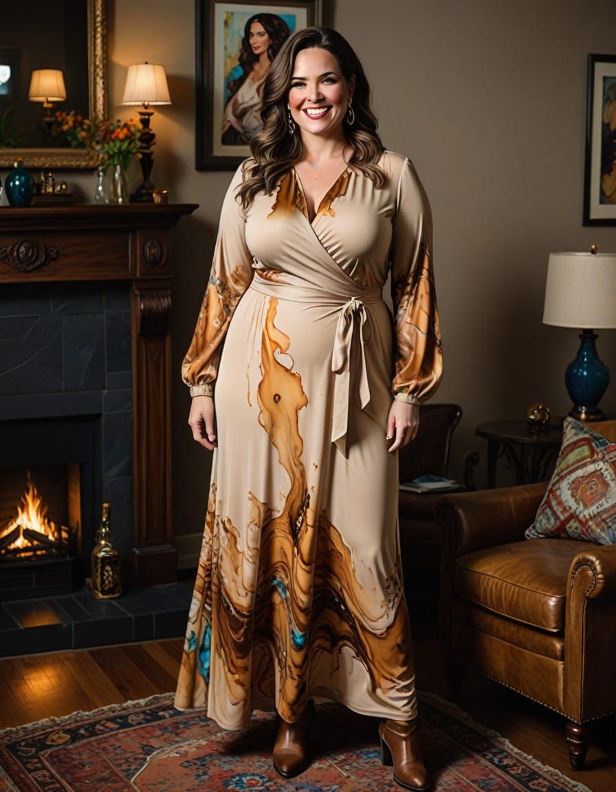 Elegant Woman in Beige Dress: Alcohol Ink Portrait