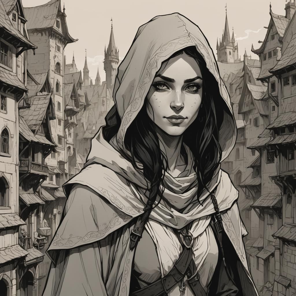 Elven Rogue in City: Ink Drawing Portrait