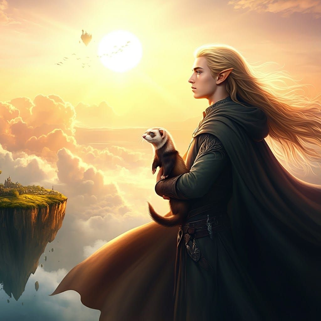 Floating Island Elf with Ferret: Fantasy Artwork