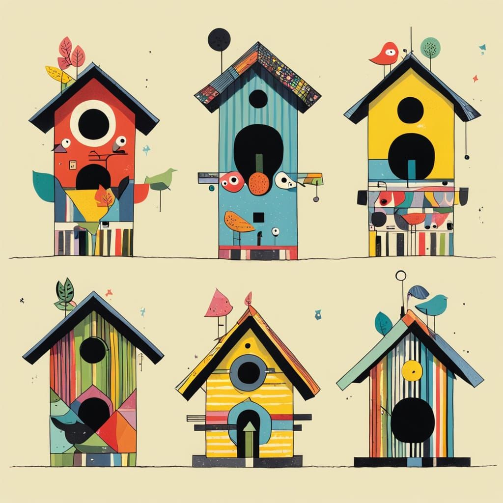 Colorful Birdhouses in Illustrative Style