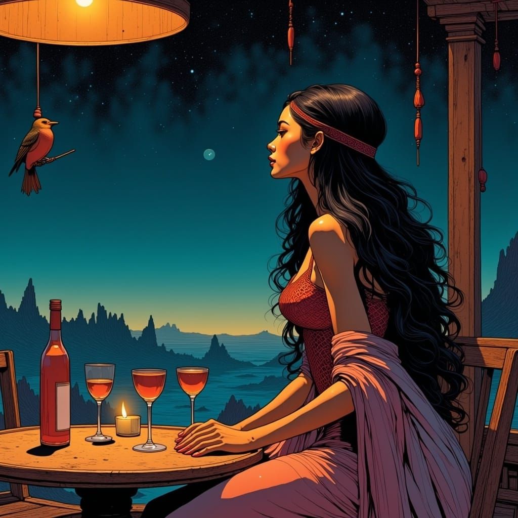 Maiden with Bee-Eater in Moebius Comic Style