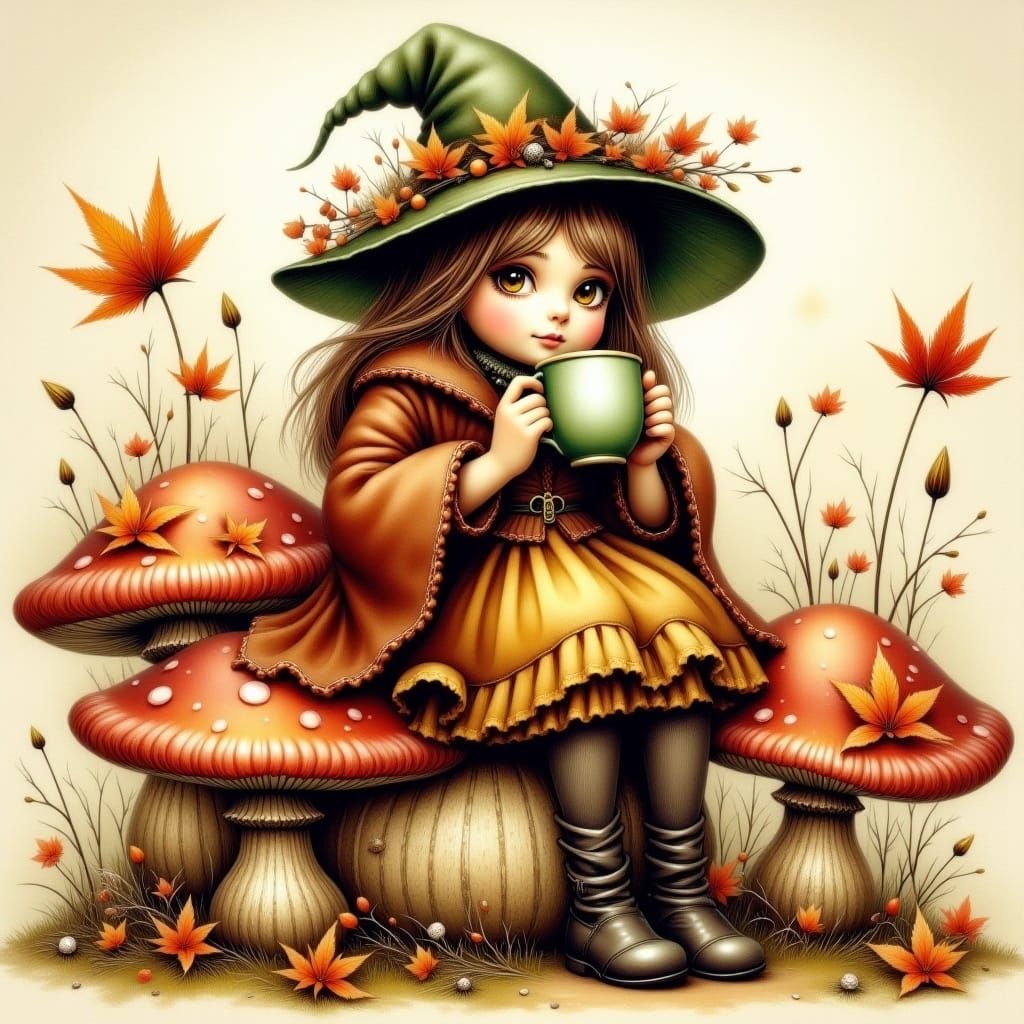 Cute Fairy on Mushroom in Gritty Watercolor Style