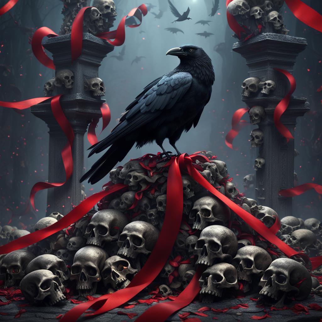 Gothic Crow on Skulls with Runes and Ribbons