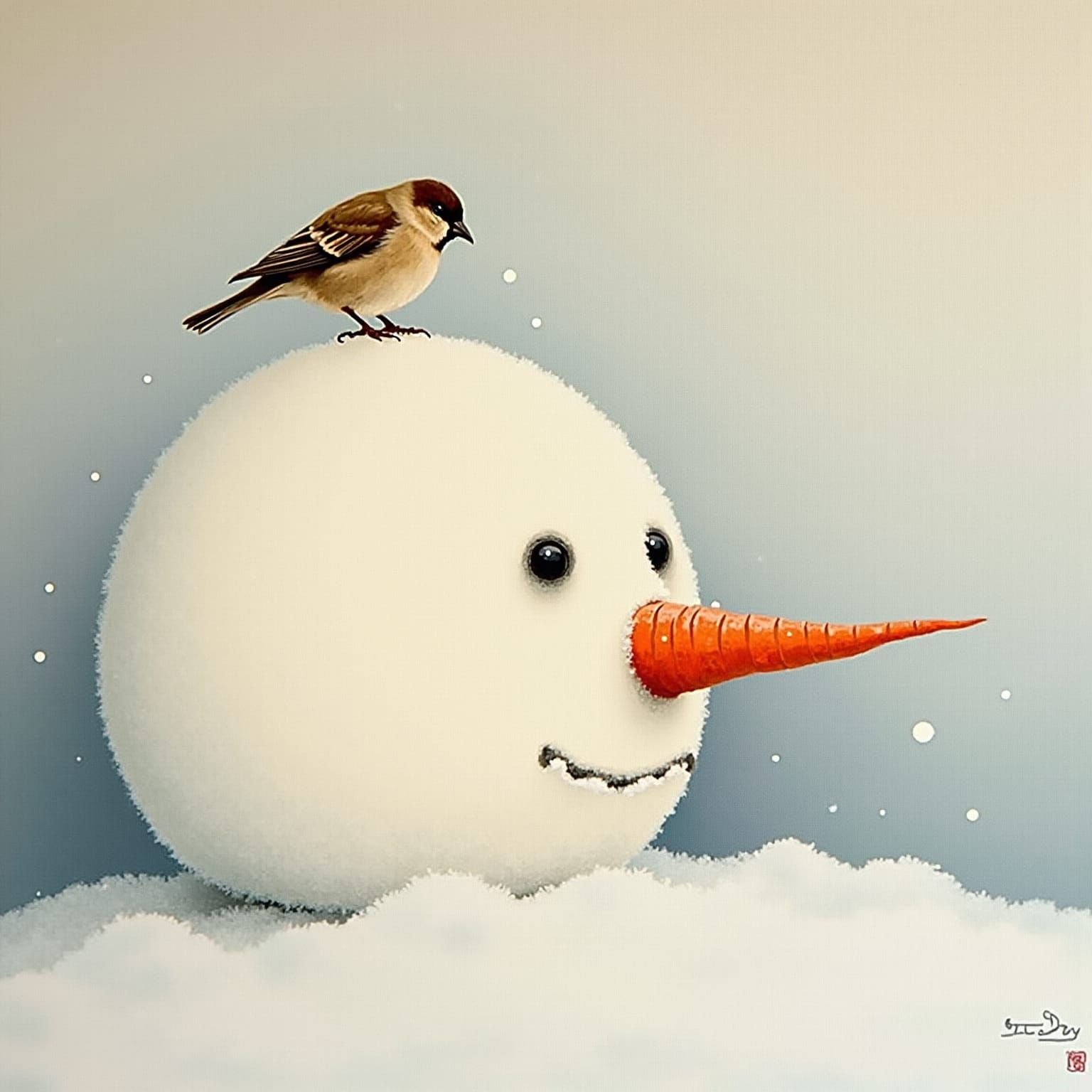 Serene Snowman's Gentle Face in Luxurious Watercolor Style