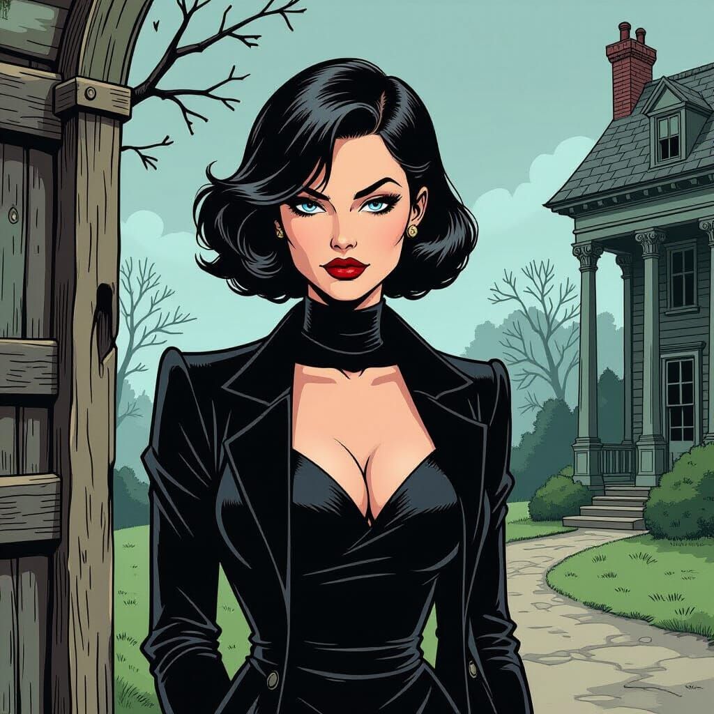 Tough Baroness in Noir Cartoon Style at Manor