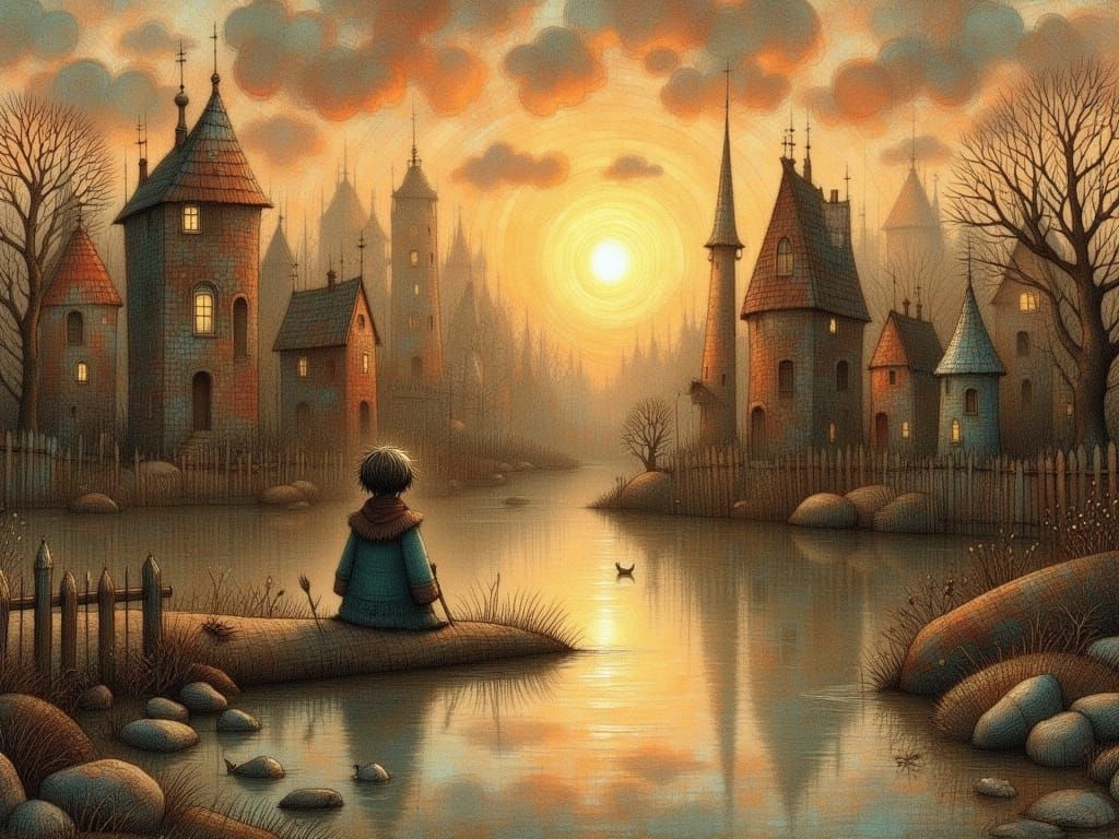 Enchanted Sunset Ruins Reflected in Serene Lake