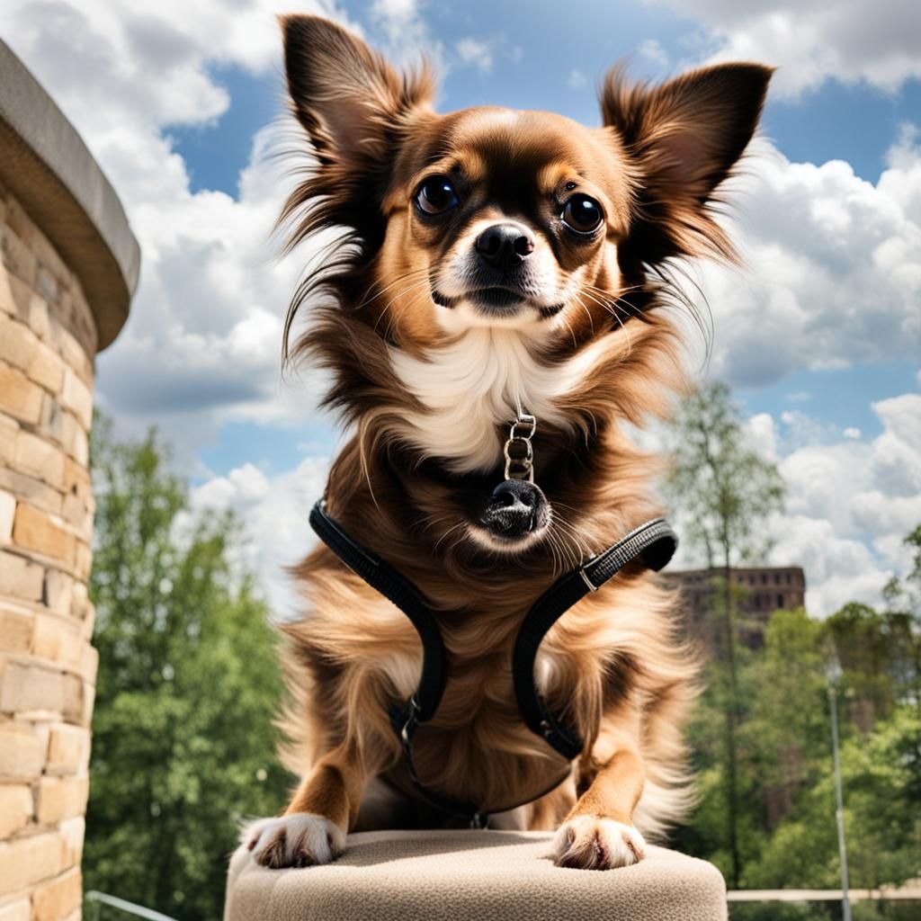 Princess brown chihuahua with long brown hair in a tall towe...