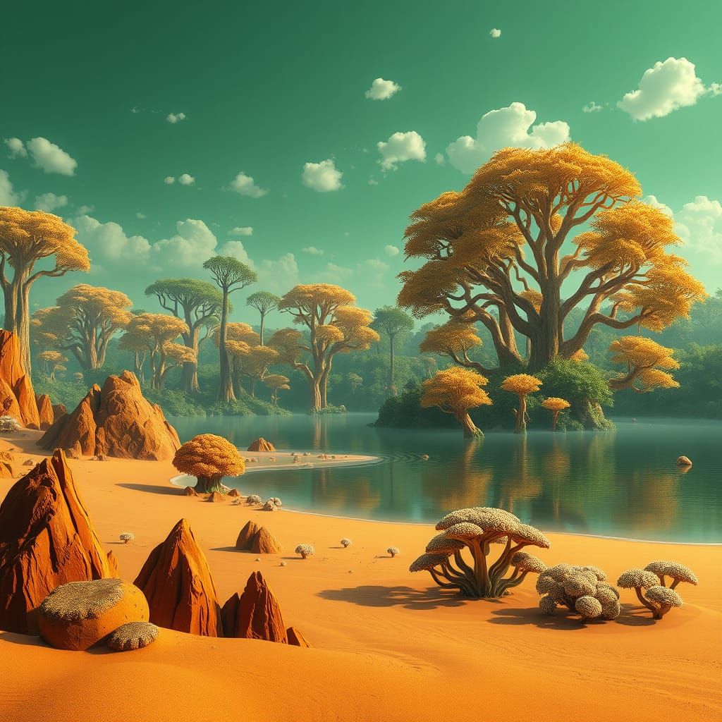 Extraterrestrial Lakefront with Alien Trees and Glowing Flor...