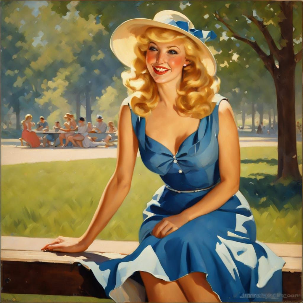 Retro Oil Painting of Woman in Sunny Park