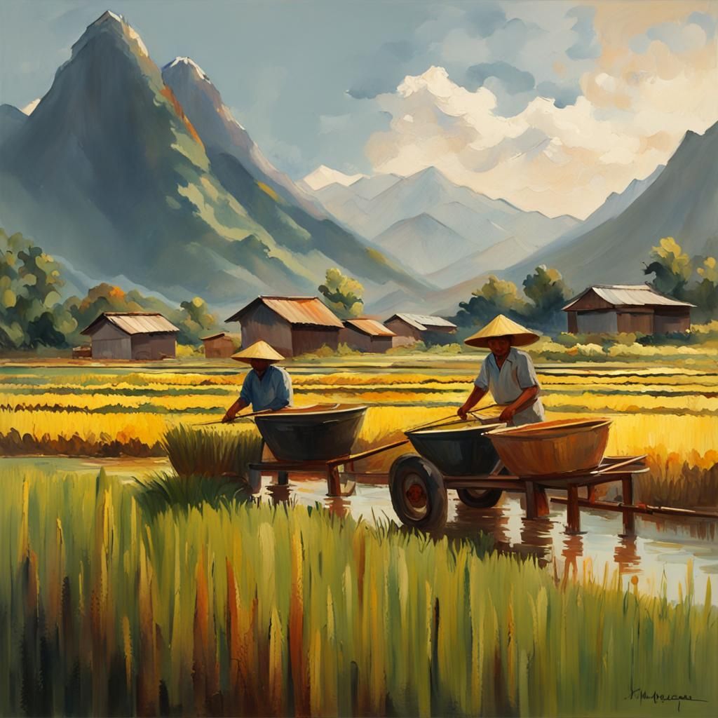 Rice Farmers: Impressionist Gouache Watercolor Masterpiece