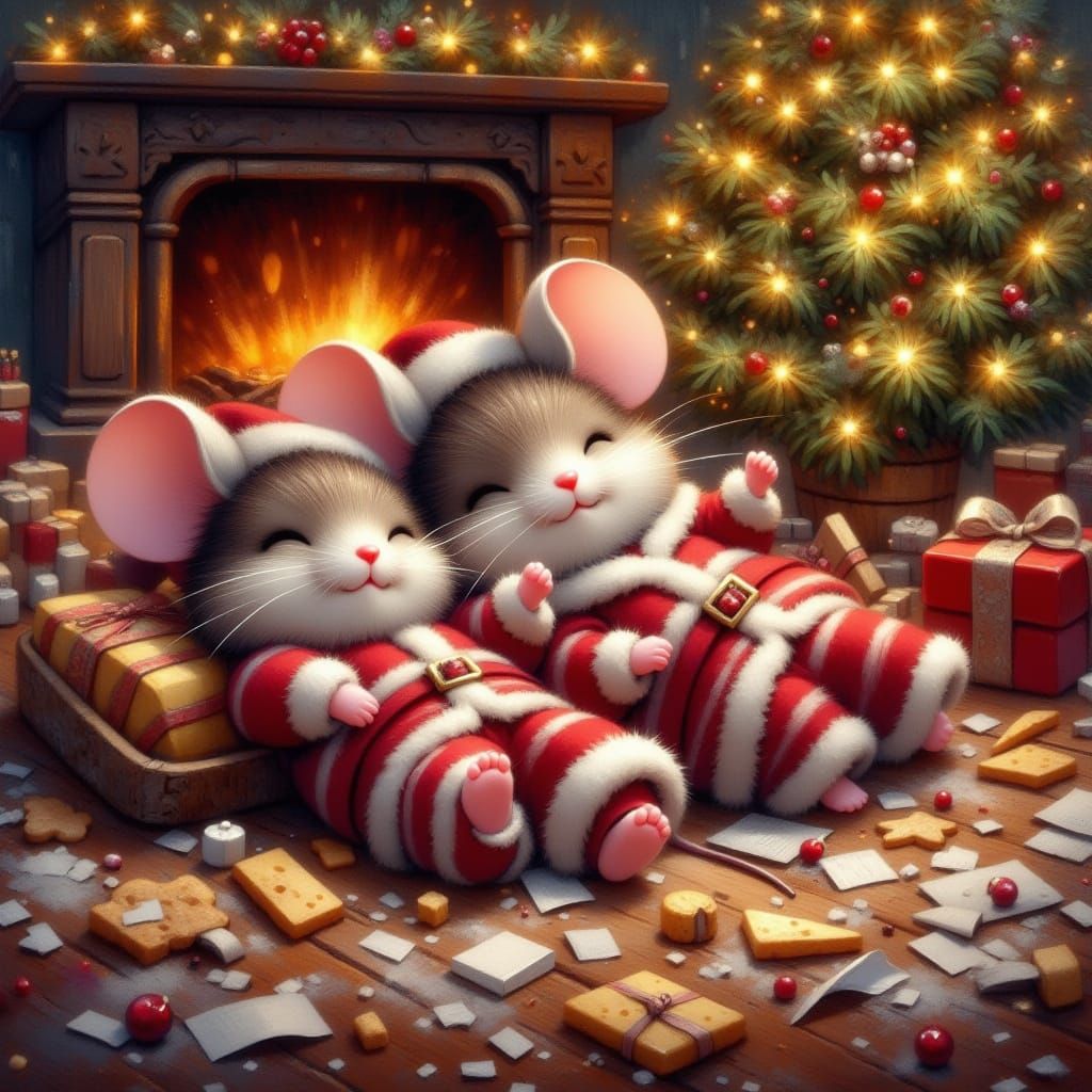 Exhausted Mice in Pajamas Under Christmas Tree