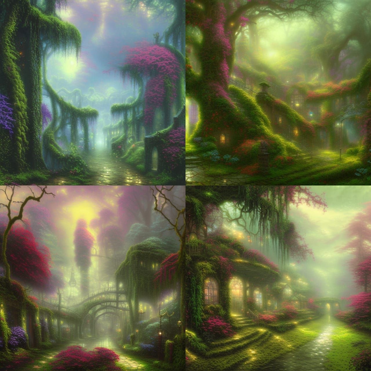 Ethereal Overgrown City in a Thomas Kinkade Style
