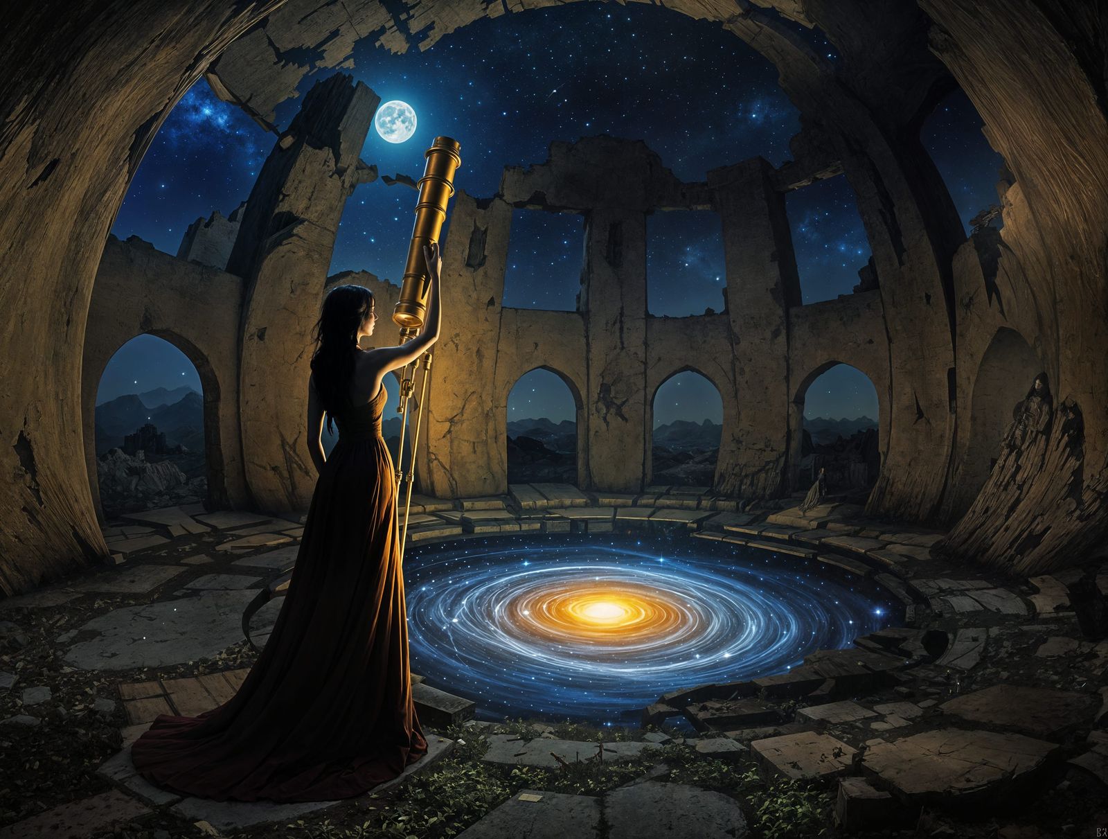 Surreal Astronomer Contemplates Miniature Galaxy in Ruined O...