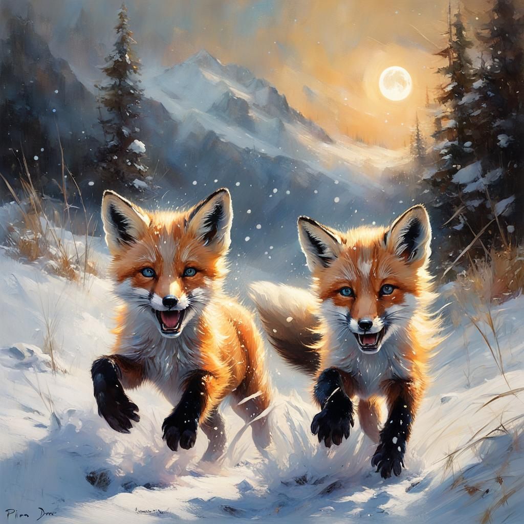 Red Fox Cubs Playing in Snowy Moonlight