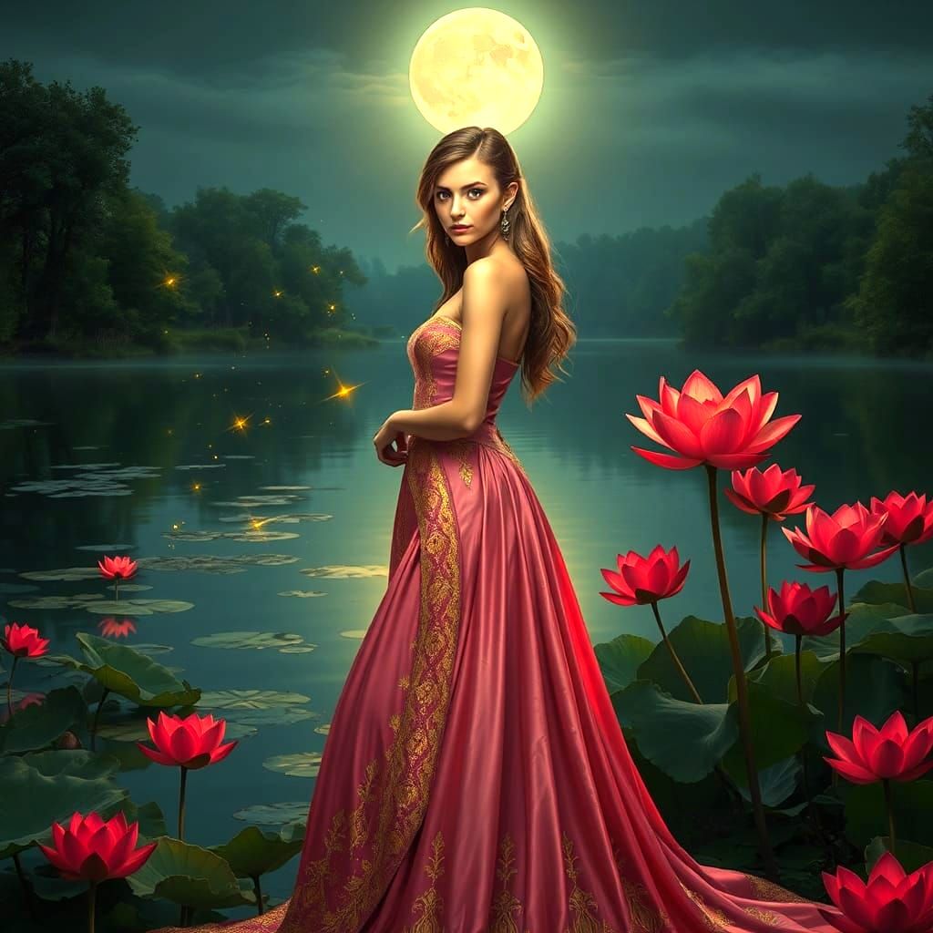 Beautiful Woman in Pink Dress with Lotus Flower