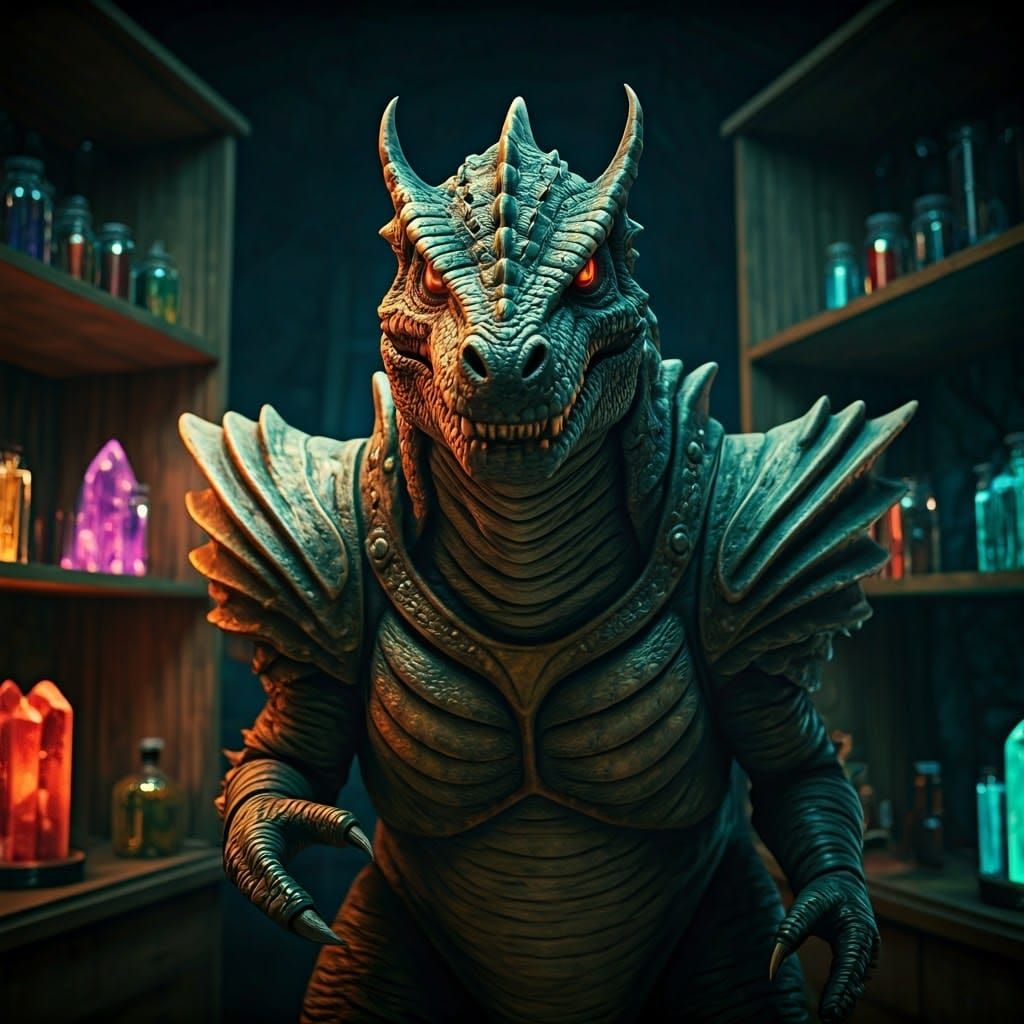 Hyperrealistic Photograph of Mesogog in Ominous Lab