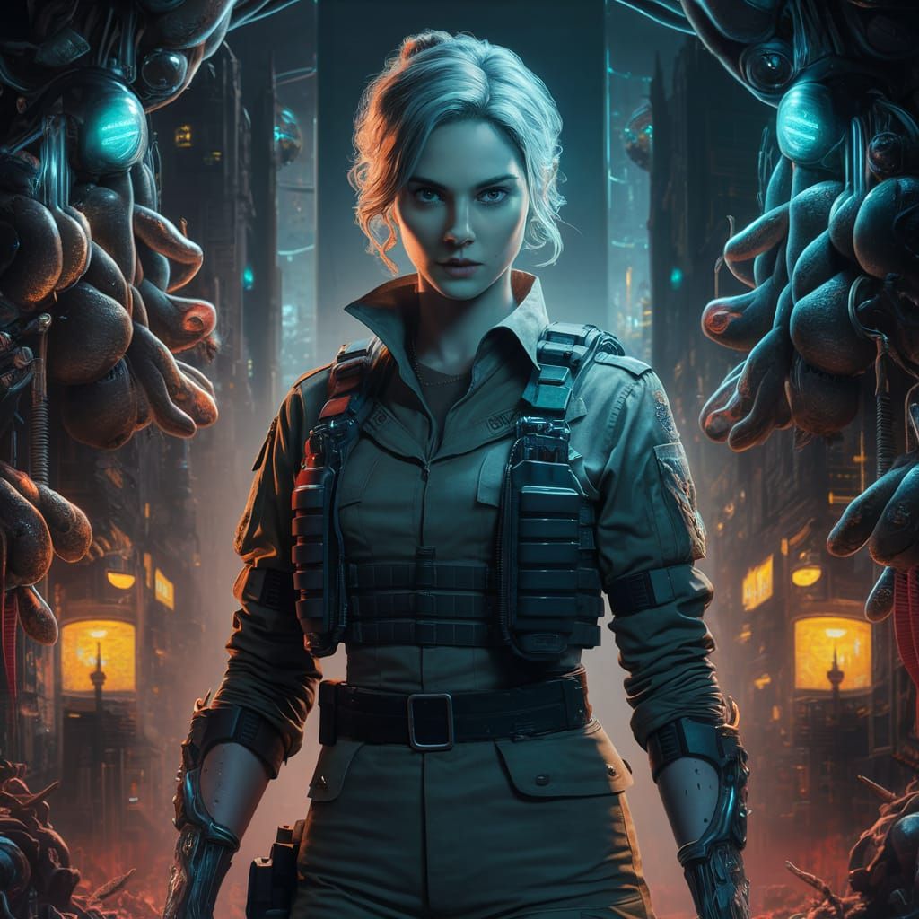 Biopunk Portrait of Rebecca Chambers in Dystopian Cityscape