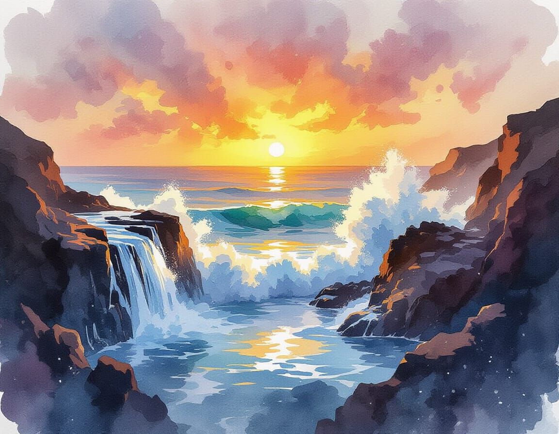 Rugged Coastline Sunset with Waterfalls in Watercolor