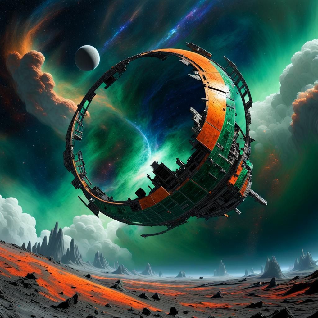 Cosmic Clash Aftermath: Spacecraft Wreckage Above Alien Plan...