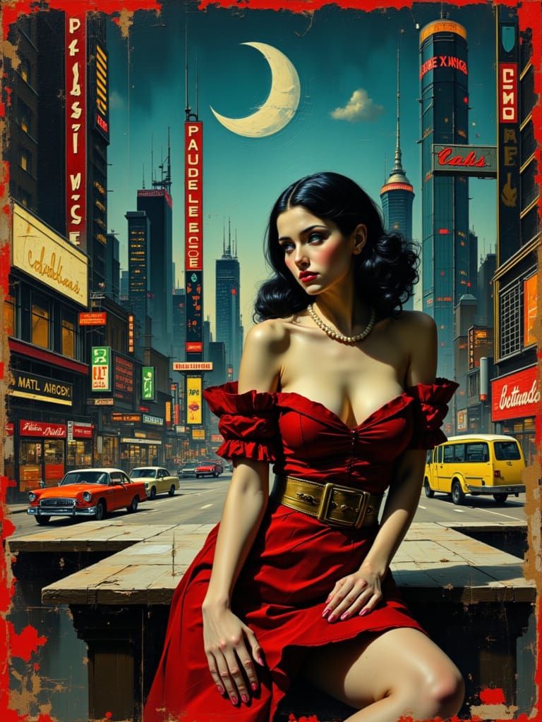 Vice Cityscape with Pin-Up Girl in Pop Art Style